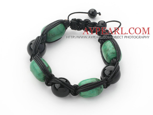 Drum Shape Turquoise and Black Agate and Black Leather Woven Adjustable Drawstring Bracelet