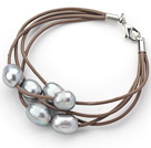 Multi Strands 10-11mm Gray Freshwater Pearl Leather Bracelet with Light Brown Leather