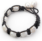 Fashion Style 10-11mm White Freshwater Pearl Wrapped Leather Bracelet with Black Leather