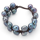Double Layer 10-11mm Black Freshwater Pearl Leather Bracelet with Black Leather