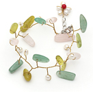 Wholesale White Freshwater Pearl and Branch Shape Rose Quartz and Olive and Aventurine Wire Crocheted Multi Color Bracelet