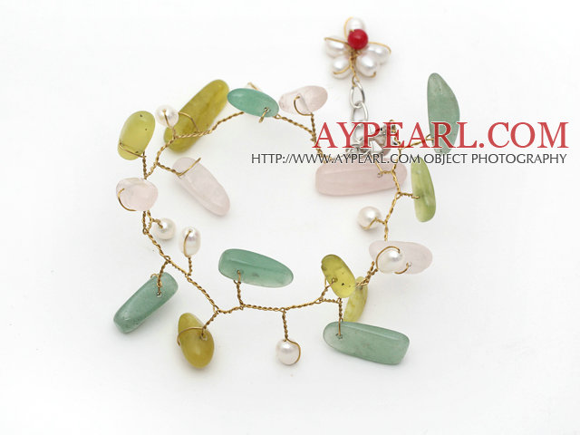 White Freshwater Pearl and Branch Shape Rose Quartz and Olive and Aventurine Wire Crocheted Multi Color Bracelet