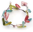 Wholesale White Freshwater Pearl and Branch Shape Cherry Quartz and South Korea Jade Wire Crocheted Multi Color Bracelet