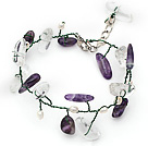 Wholesale White Freshwater Pearl and Branch Shape Clear Crystal and Amethyst Wire Crocheted Multi Color Bracelet