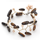 Wholesale Pink Freshwater Pearl and Brown Color Branch Shape Tiger Eye Wire Crocheted Bracelet