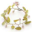 Wholesale Yellow Green Series Pink Freshwater Pearl and Branch Shape South Korea Jade Wire Crocheted Bracelet