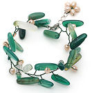 Green Series Pink Freshwater Pearl and Branch Shape Green Agate Wire Crocheted Bracelet