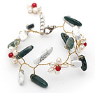 White Freshwater Pearl and Coral Flower and Branch Shape Indian Agate Wire Crocheted Bracelet