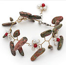 Wholesale White Freshwater Pearl and Coral Flower and Green Piebald Stone Wire Crocheted Bracelet