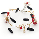 Wholesale White Freshwater Pearl and Red Coral Flower and Branch Shape Bluesand Stone Wire Crocheted Bracelet
