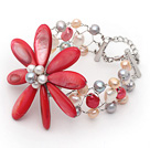 Multi Color Freshwater Pearl and Hot Pink Shell Flower Wire Crocheted Bracelet