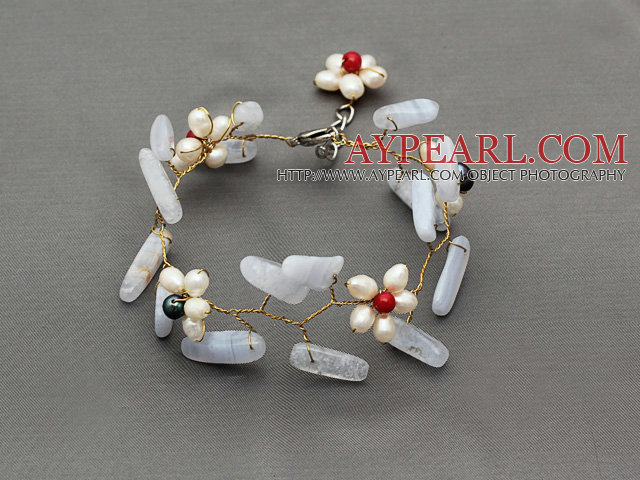 New Design White Freshwater Pearl and Coral Flower and Purple Agate Yellow Color Wire Crocheted Bracelet