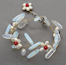 Wholesale New Design White Freshwater Pearl Flower and Opal Stone Yellow Color Wire Crocheted Bracelet