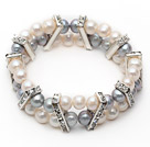 Two Rows 7-8mm Gray and White Round Freshwater Pearl Stretch Bangle Bracelet with Rhinestone Accessories