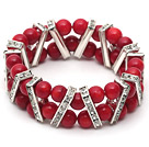 Wholesale Two Rows Round 7mm Coral Stretch Bangle Bracelet with Rhinestone Accessories