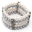 Four Rows 7-8mm Gray and White Round Freshwater Pearl Stretch Bangle Bracelet with Metal Leaf Accessories