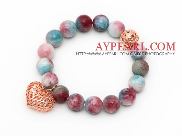 12mm Round Multi Color Jade Beaded Stretch Bracelet with Golden Rose Color Hollow Heart and Ball Accessories