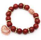 Wholesale 12mm Round Red Jasper Beaded Stretch Bracelet with Golden Rose Color Hollow Heart and Ball Accessories