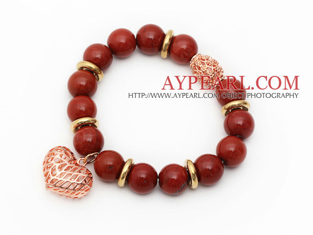 12mm Round Red Jasper Beaded Stretch Bracelet with Golden Rose Color Hollow Heart and Ball Accessories