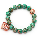 12mm Round Imperial Jasper Beaded Stretch Bracelet with Golden Rose Color Hollow Heart and Ball Accessories