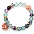 10mm Round Faceted Fluorite Beaded Stretch Bracelet with Golden Rose Color Hollow Heart and Ball Accessories