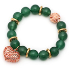Wholesale 12mm Round Green Aventurine Beaded Stretch Bracelet with Golden Rose Color Hollow Heart and Ball Accessories