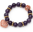 12mm Round Amethyst Beaded Stretch Bracelet with Golden Rose Color Hollow Heart and Ball Accessories