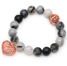 Wholesale 12mm Round Black Rutilated Quartz Beaded Stretch Bracelet with Golden Rose Color Hollow Heart and Ball Accessories