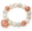 Wholesale 12mm Round Moonstone Beaded Stretch Bracelet with Golden Rose Color Hollow Heart and Ball Accessories