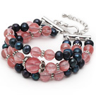 Three Strands Black Freshwater Pearl and Cherry Quartz Bracelet with Extendable Chain