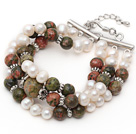 Wholesale Three Strands White Freshwater Pearl and Green Piebald Stone Bracelet with Extendable Chain