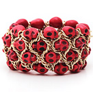 Wholesale Fashion Style Dyed Red Turquoise Skull Stretch Cuff Bracelet with Yellow Color Metal Chain