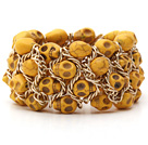 Wholesale Fashion Style Dyed Lemon Yellow Turquoise Skull Stretch Cuff Bracelet with Yellow Color Metal Chain