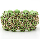 Discount Fashion Style Dyed Apple Green Turquoise Skull Stretch Cuff Bracelet with Yellow Color Metal Chain