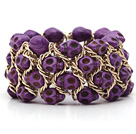Discount Fashion Style Dyed Purple Turquoise Skull Stretch Cuff Bracelet with Yellow Color Metal Chain