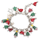 2014 Christmas Design White Freshwater Pearl Charm Bracelet with Christmas Tree and Extendable Chain