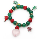 2014 Christmas Design Green Agate and Red Rhinestone Ball Stretch Bracelet with Christmas Tree and Heart Shape Rose Quartz