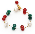 2014 Christmas Design White Freshwater Pearl and Green Agate and Carnelian Wire Bracelet
