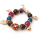 Assorted Smoky Quartz and Tiger Eye and Agate and Amethyst Multi Color Multi Stone Stretch Charm Bracelet