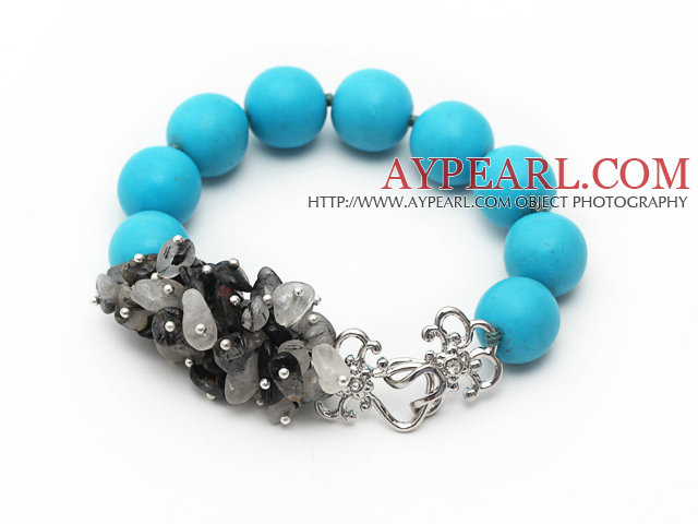 New Design Round Blue Turquoise and Black Rutilated Quartz Knotted Bracelet