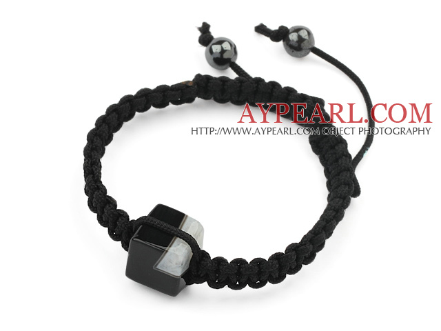 Simple Design Square Shape Black Brazil Striped Agate and Hematite Beads Adjustable Drawstring Bracelet
