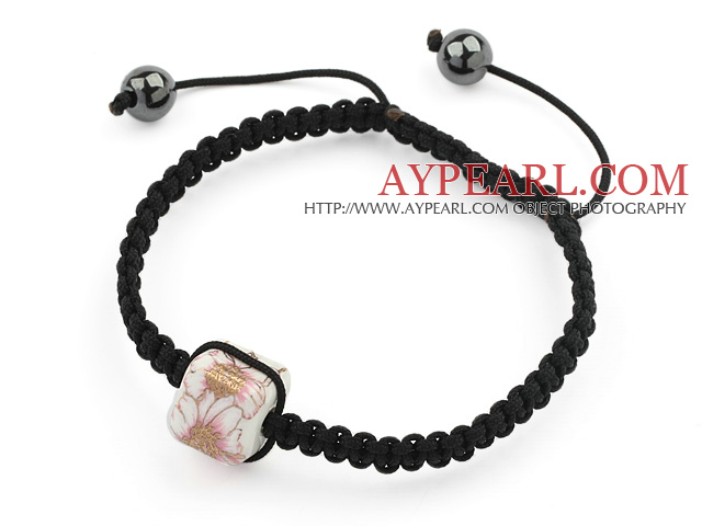 Simple Design Square Shape Pink and White Porcelain and Hematite Beads Adjustable Drawstring Bracelet