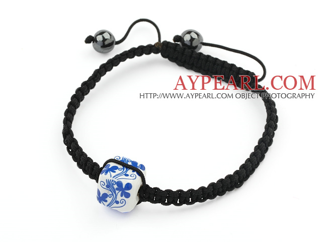 Simple Design Square Shape Blue and White Porcelain and Hematite Beads Adjustable Drawstring Bracelet