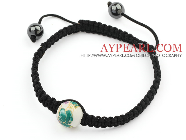 Simple Design Round Green and White Porcelain and Hematite Beads Adjustable Drawstring Bracelet