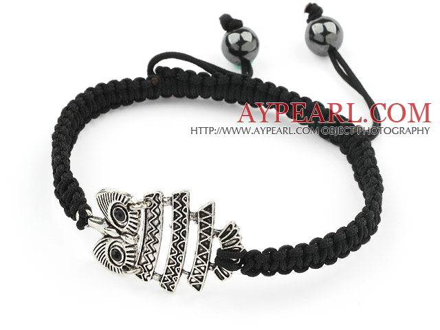 Simple Design Alloy Owl Shape and Hematite Beads Adjustable Drawstring Bracelet