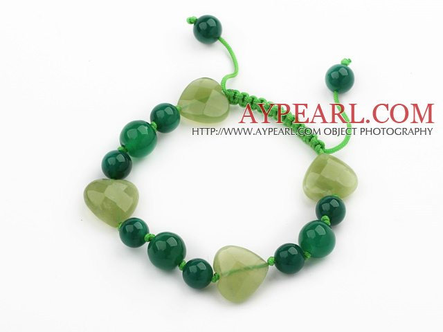 Green Series Heart Shape Olive Jade and Round Green Agate Knotted Adjustable Drawstring Bracelet