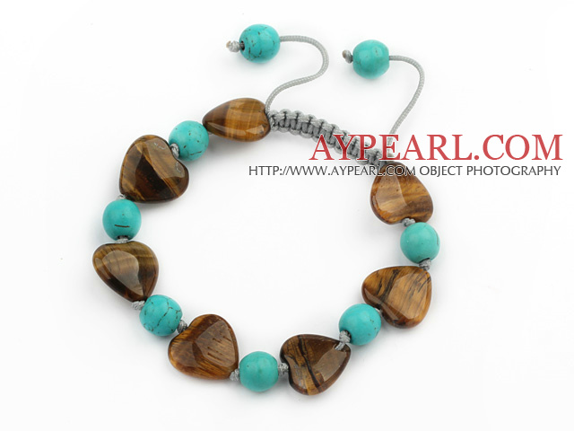 Assorted Heart Shape Tiger Eye and Round Turquoise Knotted Adjustable Drawstring Bracelet
