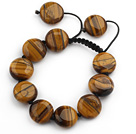 Wholesale Brown Series 17mm Flat Round Tiger Eye Knotted Adjustable Drawstring Bracelet
