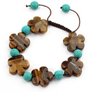 Wholesale Brown Series Flower Shape Tiger Eye and Round Turquoise Knotted Adjustable Drawstring Bracelet