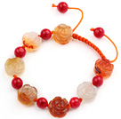 Wholesale Flower Shape Natural Color Agate and Round Alaqueca Knotted Adjustable Drawstring Bracelet